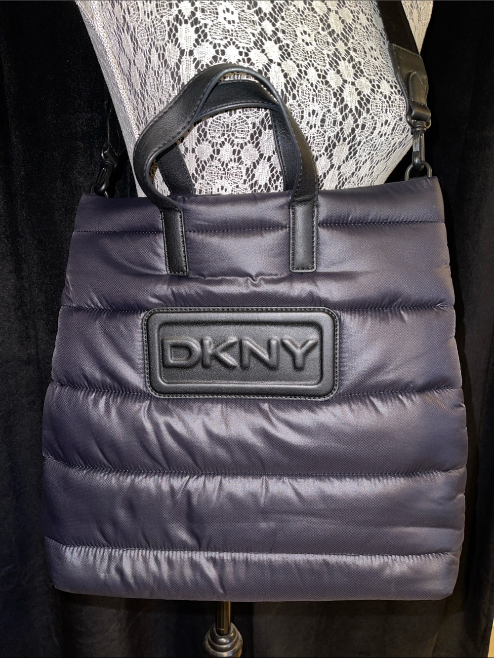 DKNY Black Quilted Nora Puffer Tote with Embossed Logo